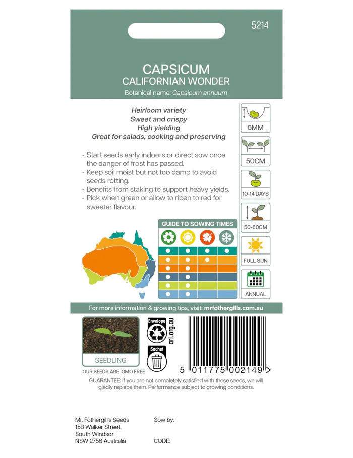 Seed Capsicum Californian Wonder 0.25g MFG2250