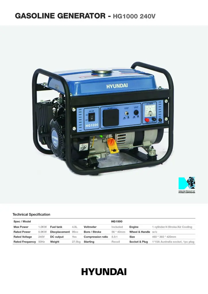 MA0521 - Hyundai Gasoline Generator - HG1000 240V.webp