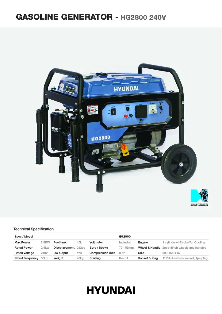 MA0522 - Hyundai Gasoline Generator - HG2800 240V.webp