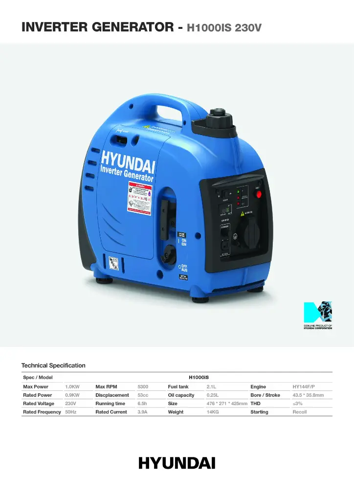 MA0523 - Hyundai Inverter Generator - H1000IS 230V.webp