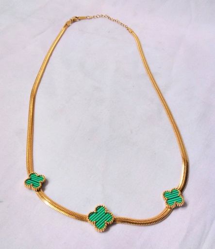 [ST2292] Jewellery Necklace 45.5Cm Gold W/3 Grn Leaf